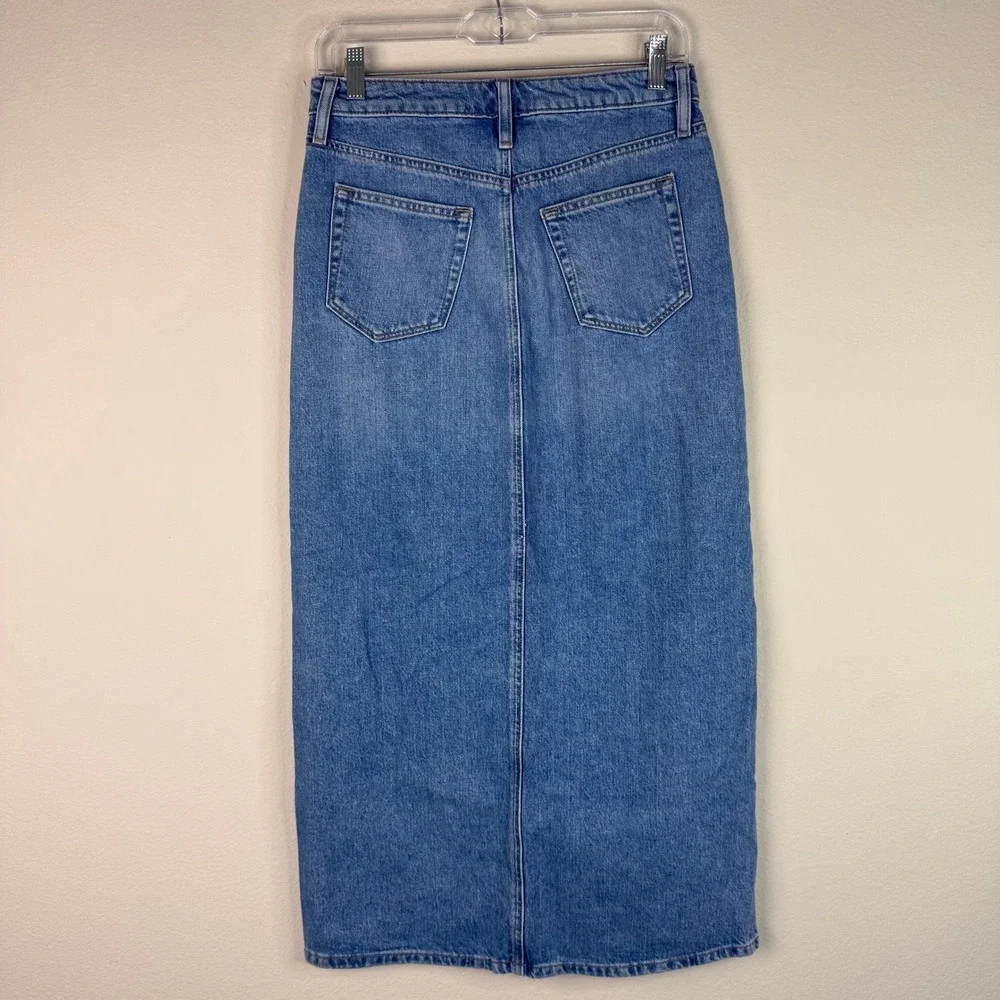 LOFT Denim Skirt Womens 0 Blue Maxi Front Slit High Rise 100% Cotton Mid Wash
